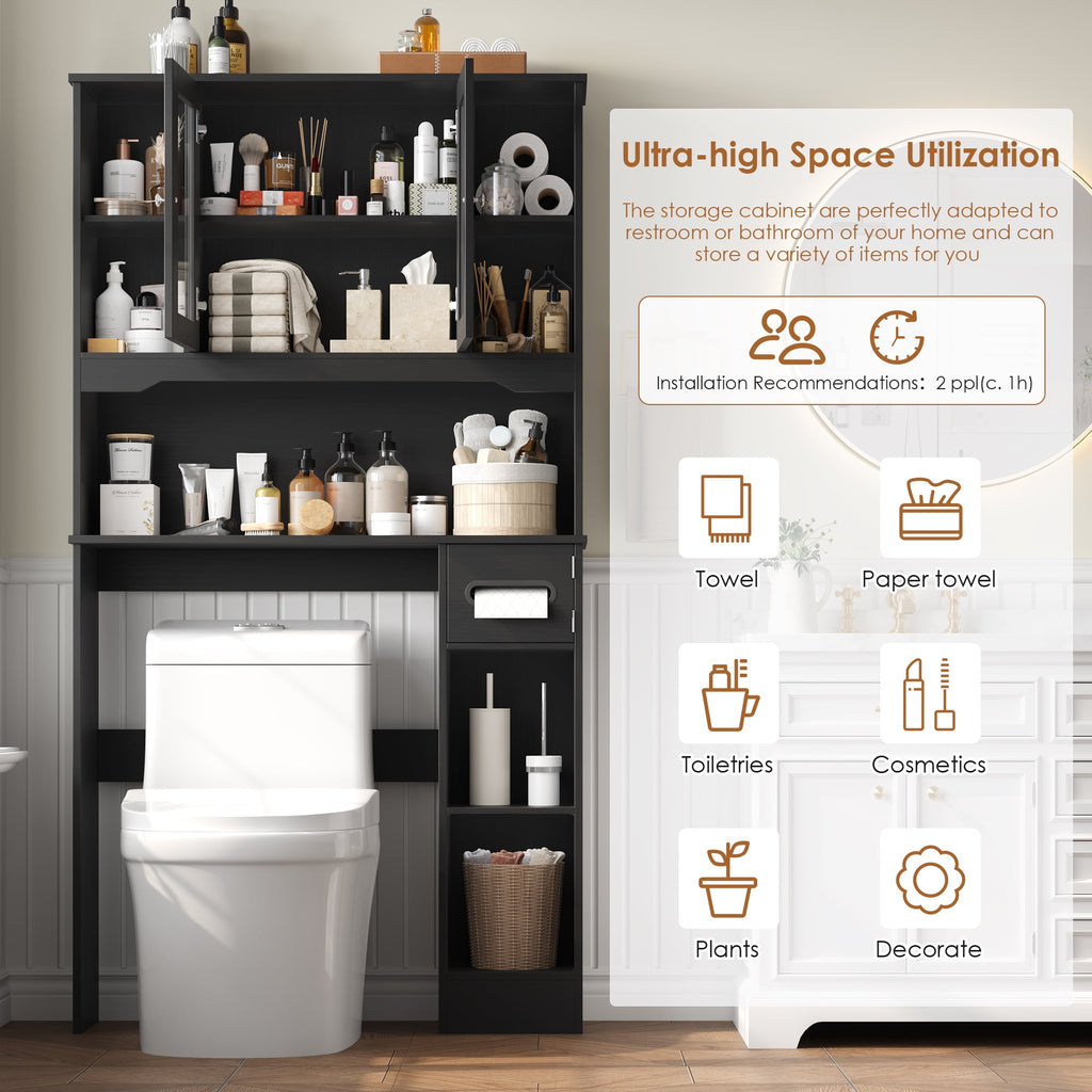The Toilet Storage Cabinet with Toilet Paper Holder Stand, Above Toilet Organizer with Glass Doors, Behind Toilet She... - Image 3