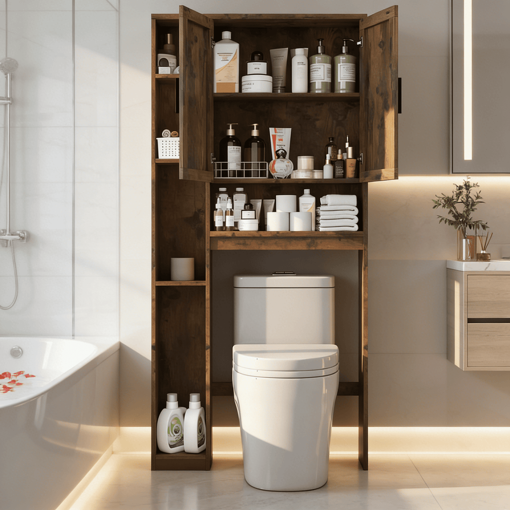 The Toilet Storage Cabinet with 7 Shelves, Double Doors, Bathroom Space Saver Organizer, Above Toilet with Open Shelf... - Image 6