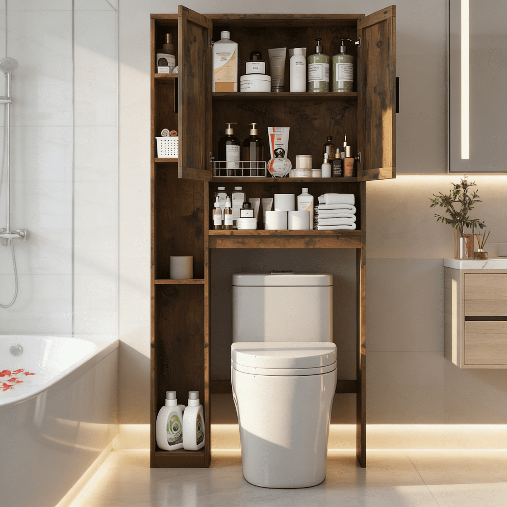 The Toilet Storage Cabinet with 7 Shelves, Double Doors, Bathroom Space Saver Organizer, Above Toilet with Open Shelf... - Image 6