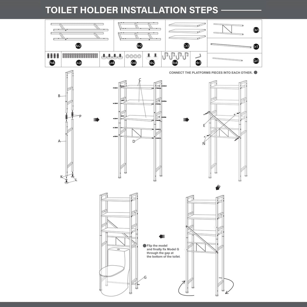 The Toilet Storage Shelf, 3-Tier Freestanding Steel Bathroom Organizer, Adjustable Space Saver Rack with Hooks, Black - Image 2