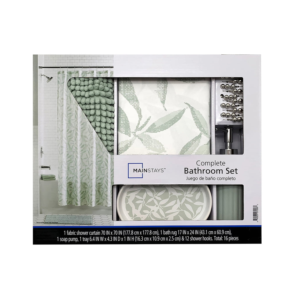 16-Piece Green Leaf Shower Curtain Bathroom Set - Fabric Curtain with Rug, Hooks, Soap Dispenser & Tray - Image 6