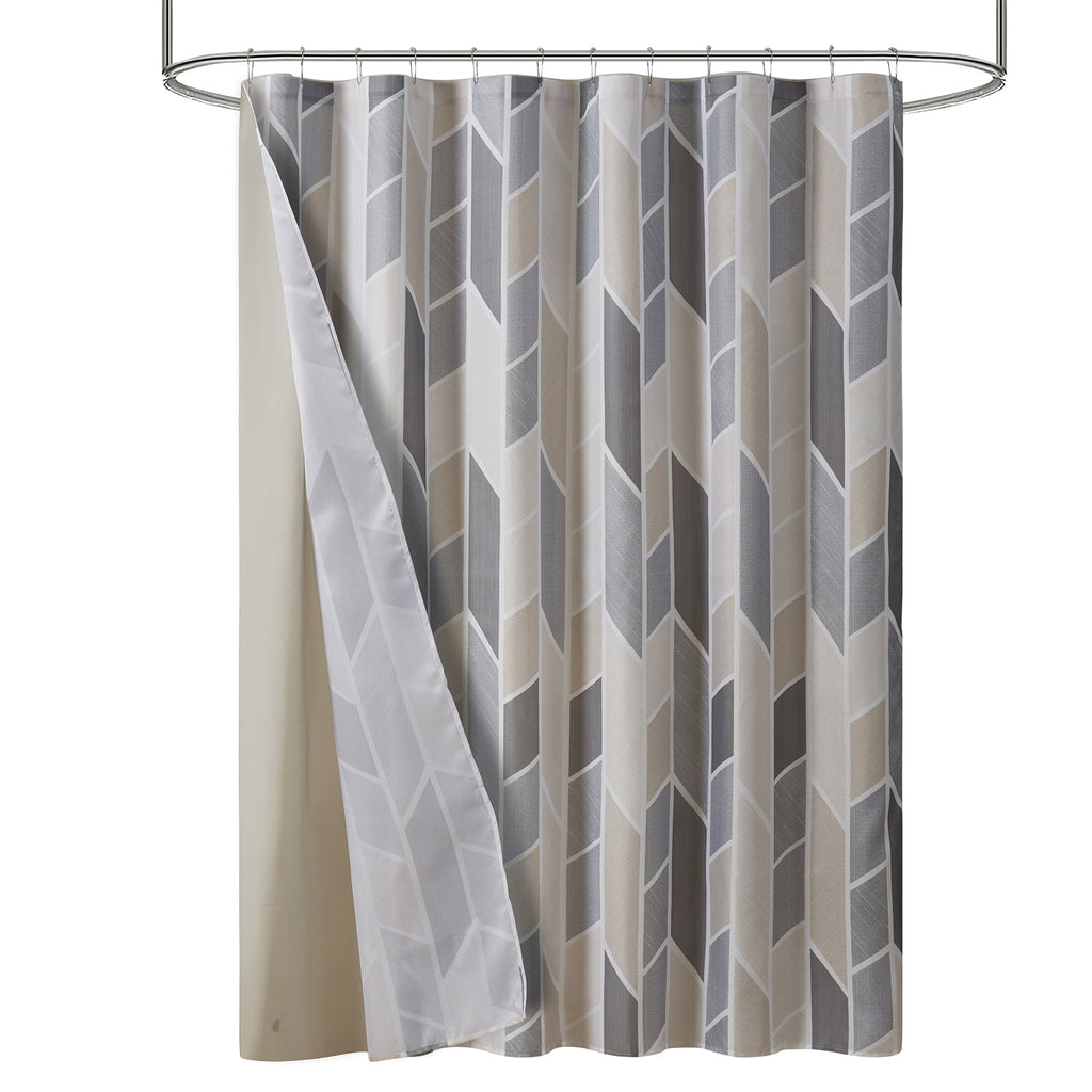 14 Piece Fabric Shower Curtain Set, Liner & Hooks, Natural Geometric 72" x 72" - Image 2