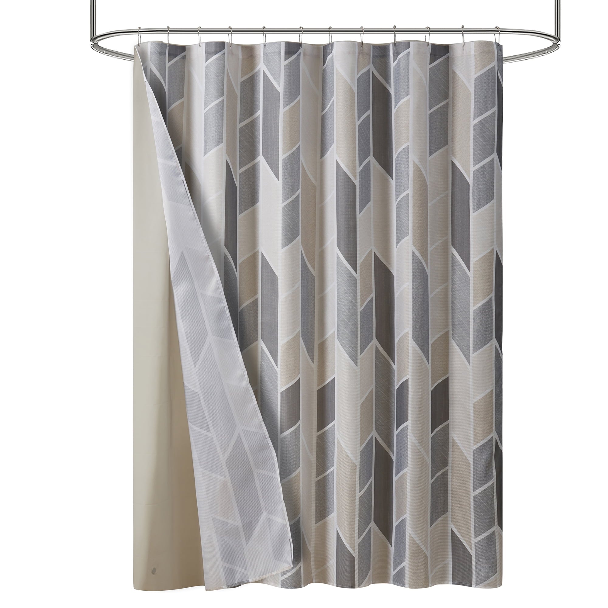 14 Piece Fabric Shower Curtain Set, Liner & Hooks, Natural Geometric 72" x 72" - Image 2