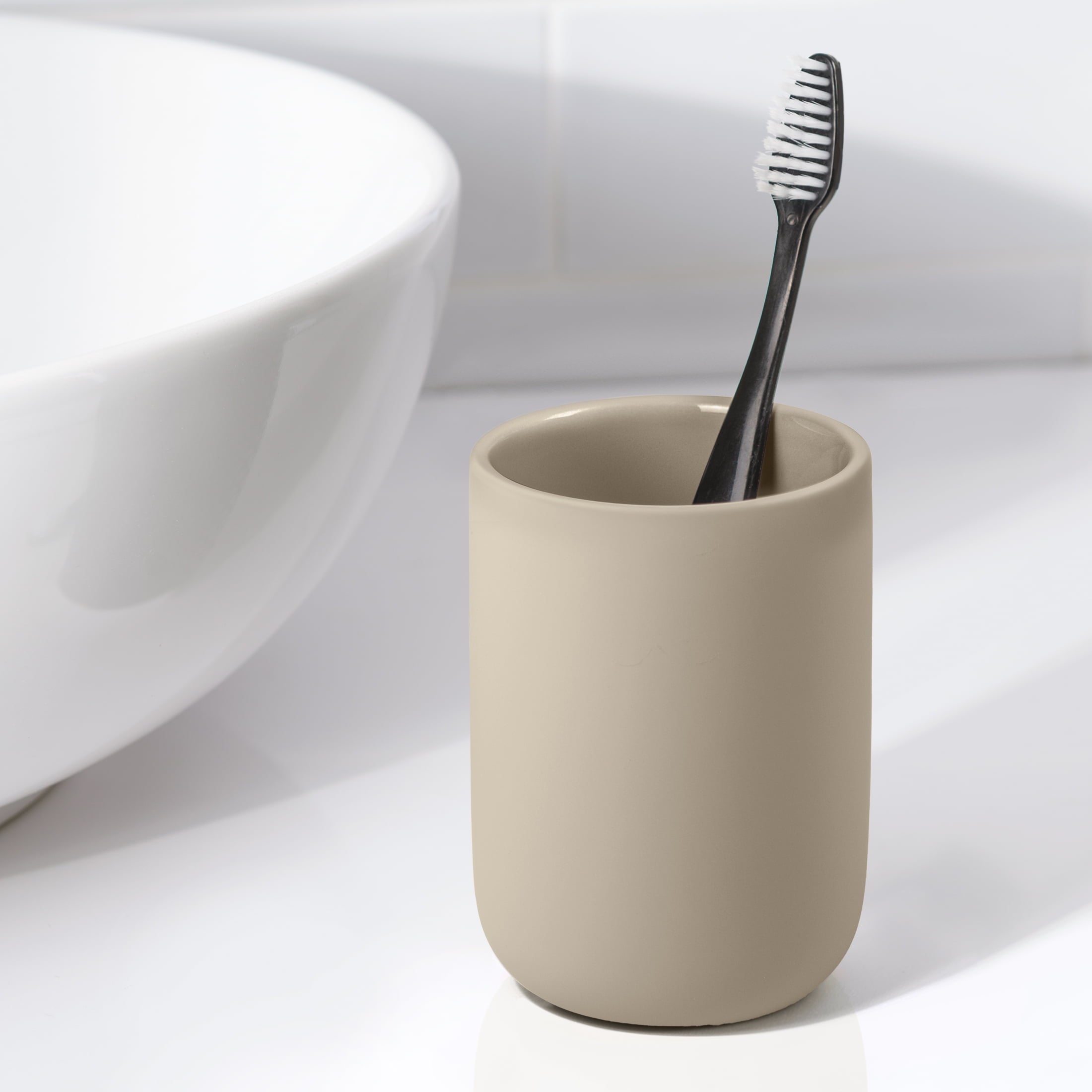 Mainstays Soft Touch Ceramic Toothbrush Holder Tan - Image 2