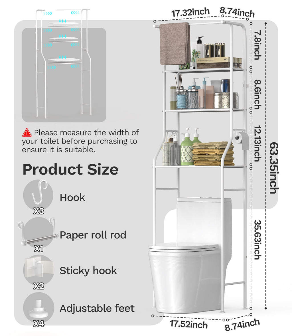 Riousery Over the Toilet Storage Rack, 3 Tier Bathroom Shelf with Hanging Rod, Freestanding Space Saver, White - Image 6