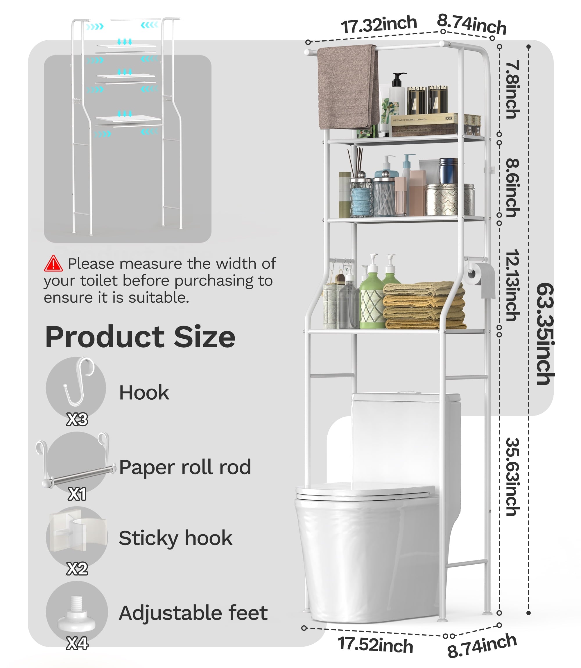 Riousery Over the Toilet Storage Rack, 3 Tier Bathroom Shelf with Hanging Rod, Freestanding Space Saver, White - Image 6