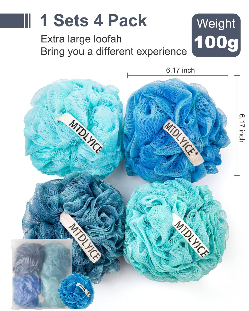 Large 100g 4 Pack, Bath Soft Mesh Shower for Men, Body Scrub, Shower Pouf Bath Accessories, for Body Wash, Soap (Blue) - Image 5