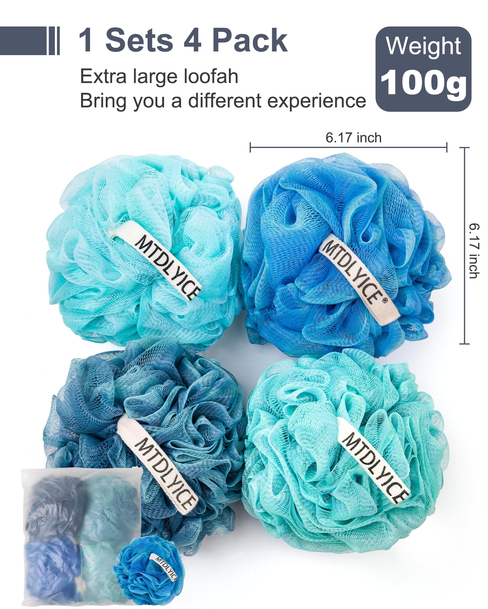 Large 100g 4 Pack, Bath Soft Mesh Shower for Men, Body Scrub, Shower Pouf Bath Accessories, for Body Wash, Soap (Blue) - Image 5