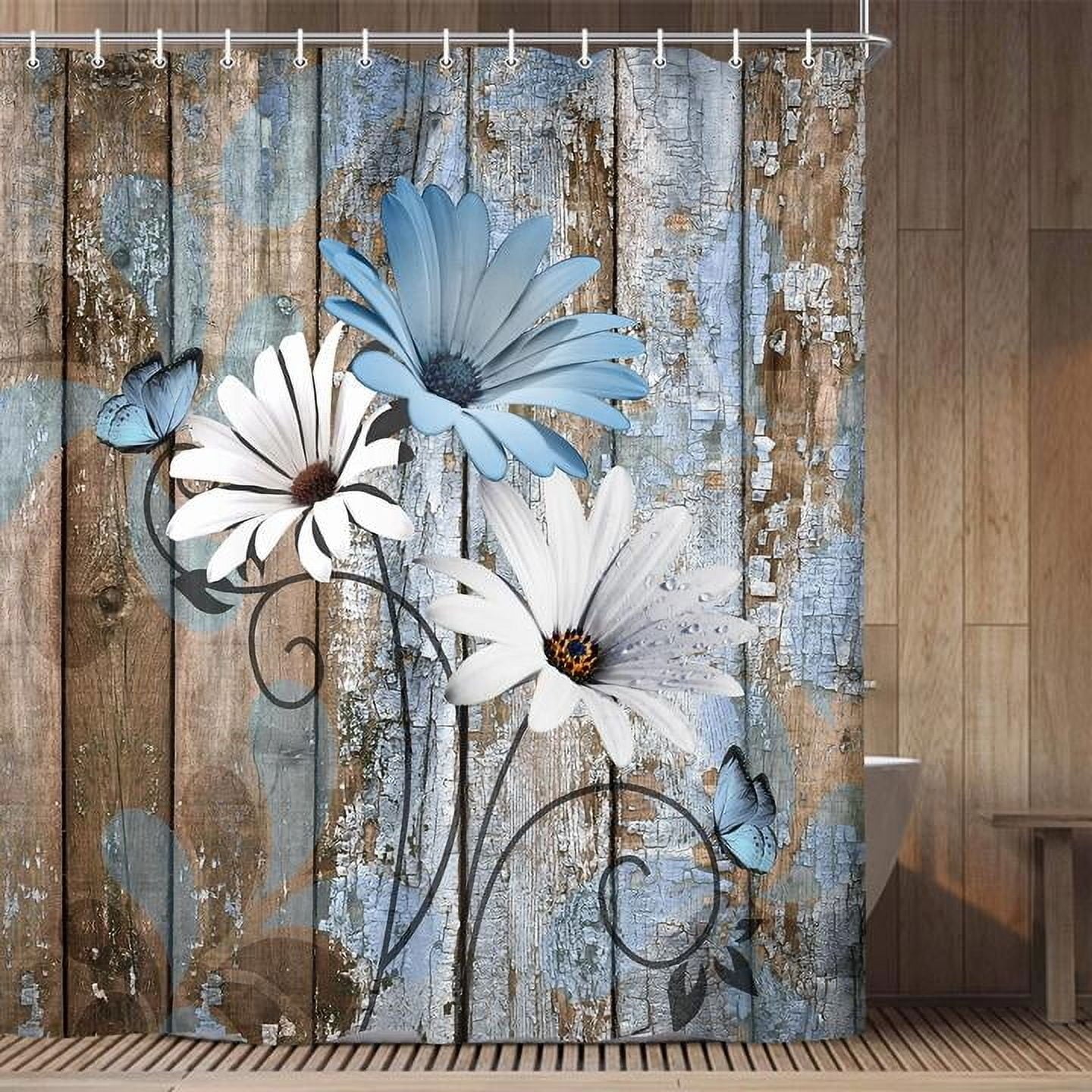 Shower Curtain, Rustic Blue Daisy Shower Curtain Set, Country Blue Wild Garden Plant Fabric Shower Curtain with Hooks... - Image 3