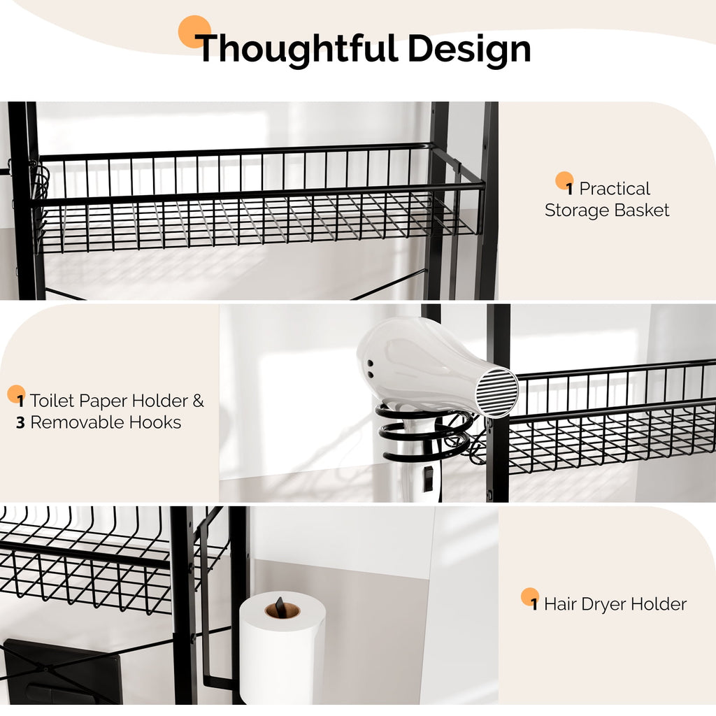 3-Shelf The Toilet Bathroom Storage Rack and Shelf with with Wire Baskets, Tissue Hook and Hairdryer Holder, Rotten -... - Image 3