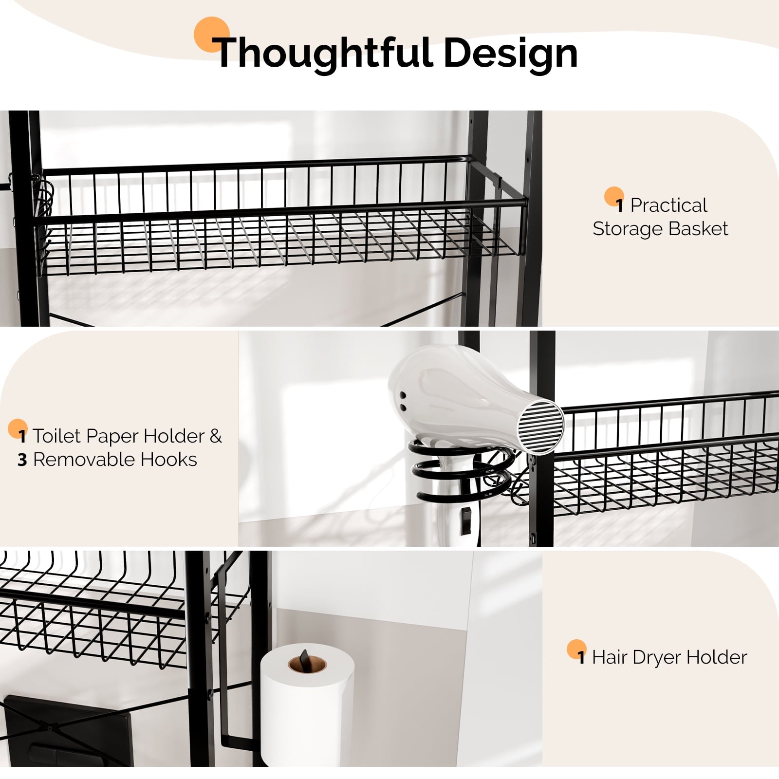 3-Shelf The Toilet Bathroom Storage Rack and Shelf with with Wire Baskets, Tissue Hook and Hairdryer Holder, Rotten -... - Image 3