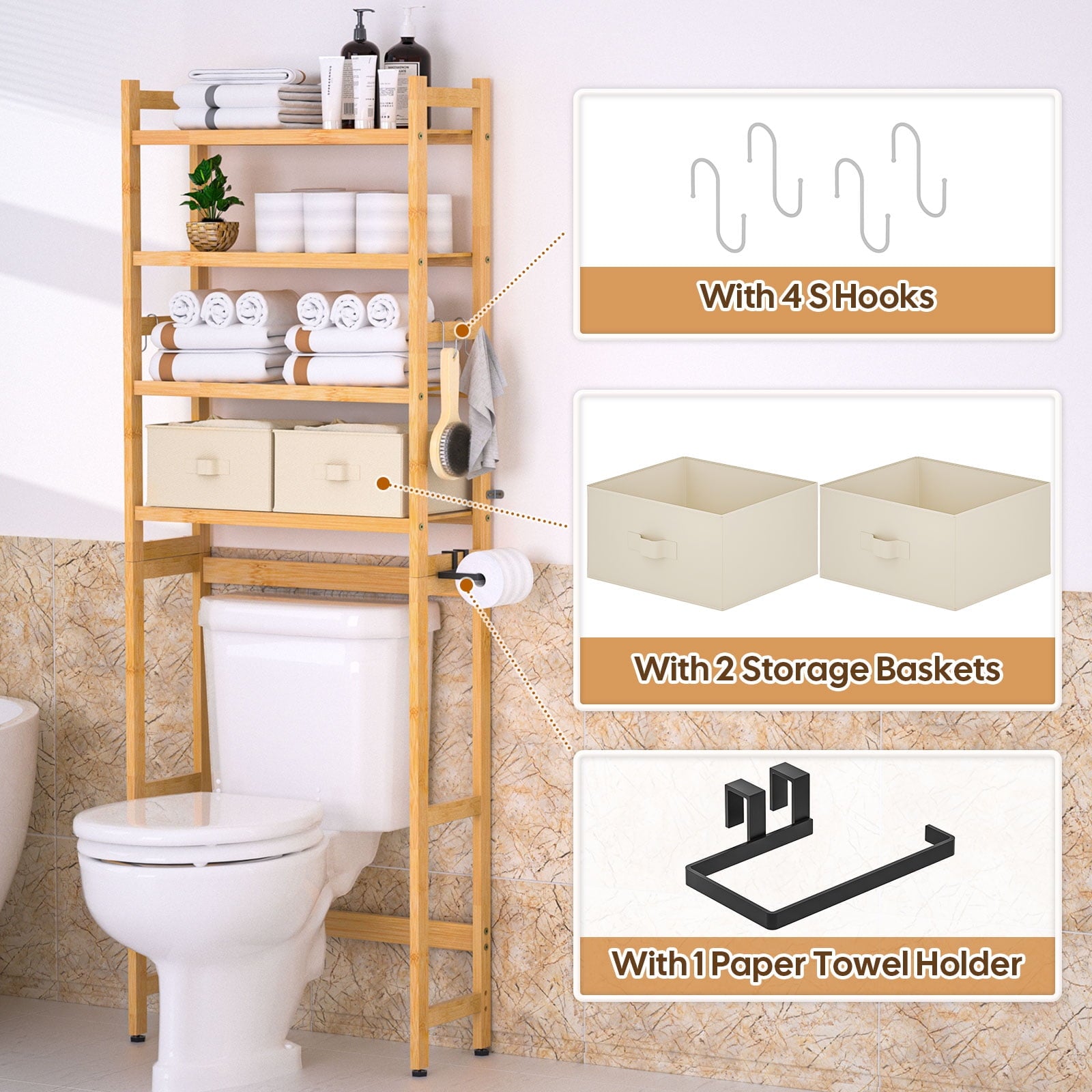 the Toilet Storage, Bamboo Bathroom Shelf Organizer with 2 Baskets & 4 Hooks, 4-Tier Space Saver - Image 6
