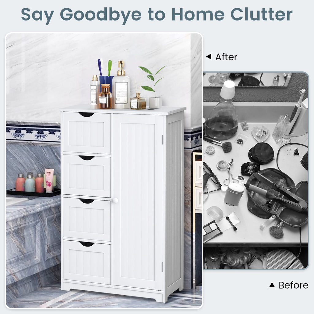 Costway Wooden 4 Drawer Bathroom Cabinet Storage Cupboard 2 Shelves Free Standing White - Image 5