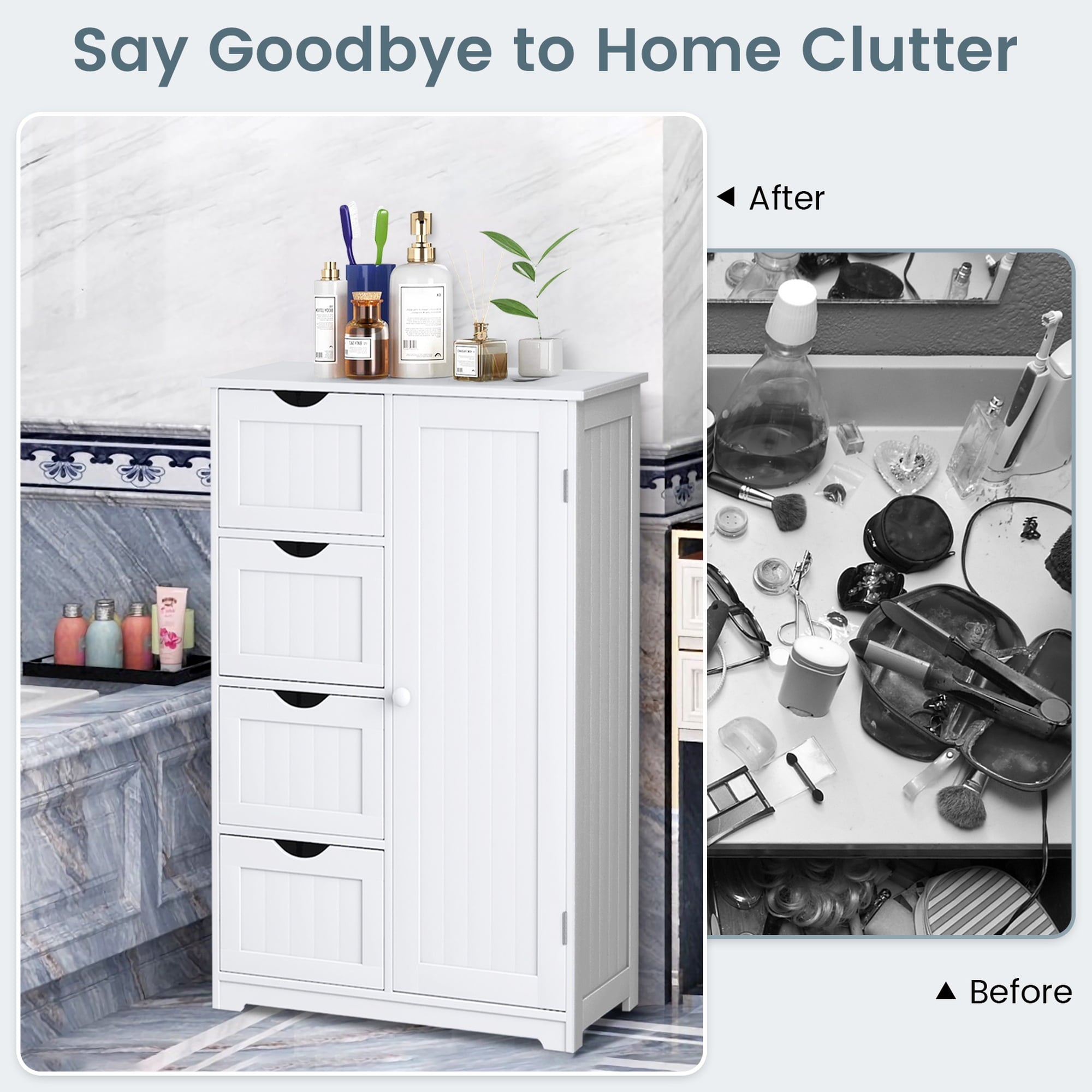 Costway Wooden 4 Drawer Bathroom Cabinet Storage Cupboard 2 Shelves Free Standing White - Image 5