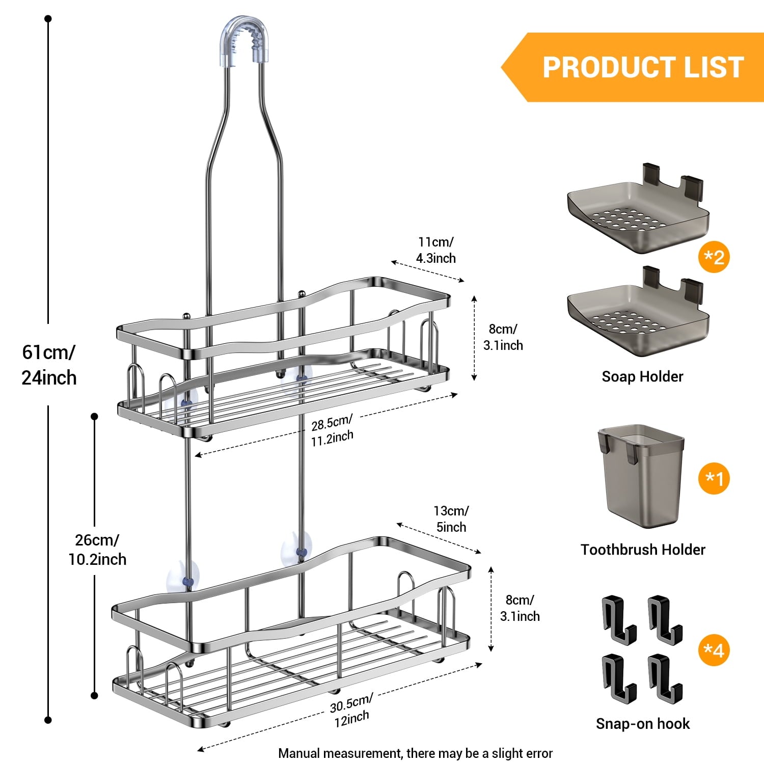 TINANA Hanging Shower Caddy, Rustproof Shower Shelf Racks Over Shower Head - No Drilling Bathroom Organizer for Shampoo with Soap Holder-Sil - Image 2