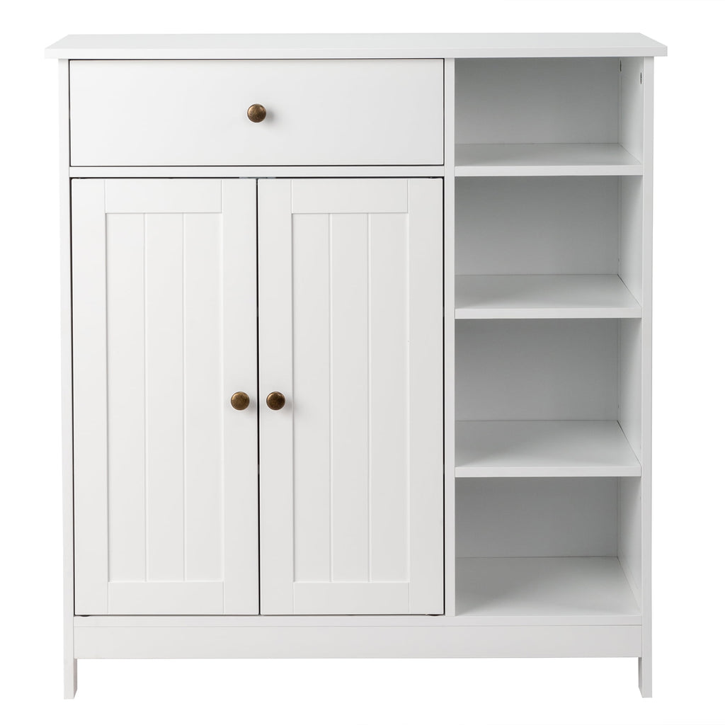 Zimtown Wooden 2-Door  Bathroom Cabinet Storage Organizer with 2 Shelves& 1 Drawer & Three-layer Side Rack, White - Image 3