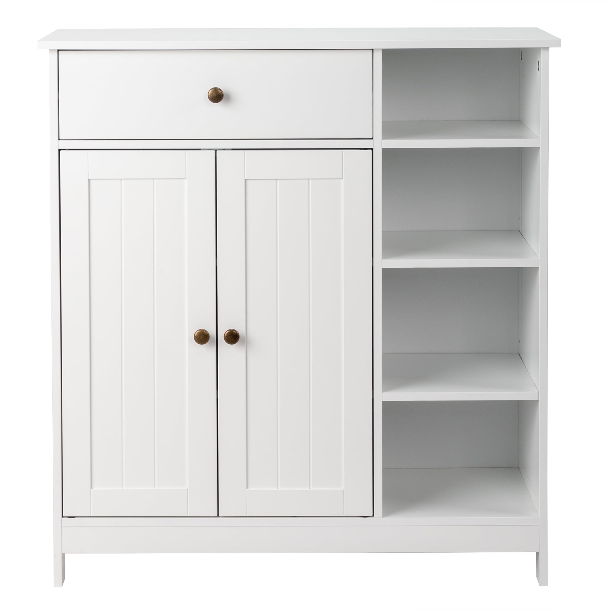Zimtown Wooden 2-Door  Bathroom Cabinet Storage Organizer with 2 Shelves& 1 Drawer & Three-layer Side Rack, White - Image 3
