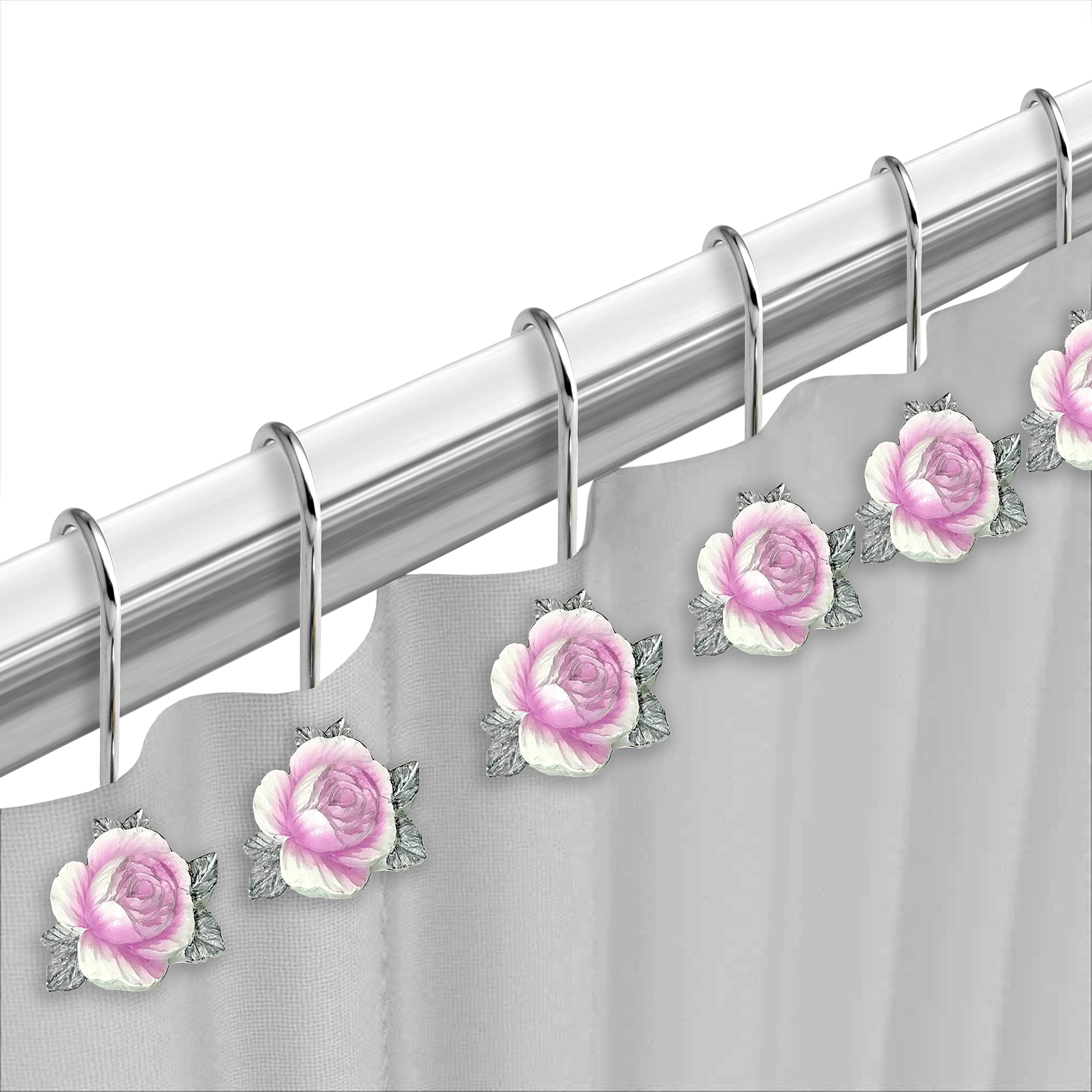 Zahari Home 13pc Michelle Bathroom Shower Curtain Sets Shower Curtain & 12 Shower Bathroom Hooks Modern Classic Luxury Contemporary Decor Fl - Image 2