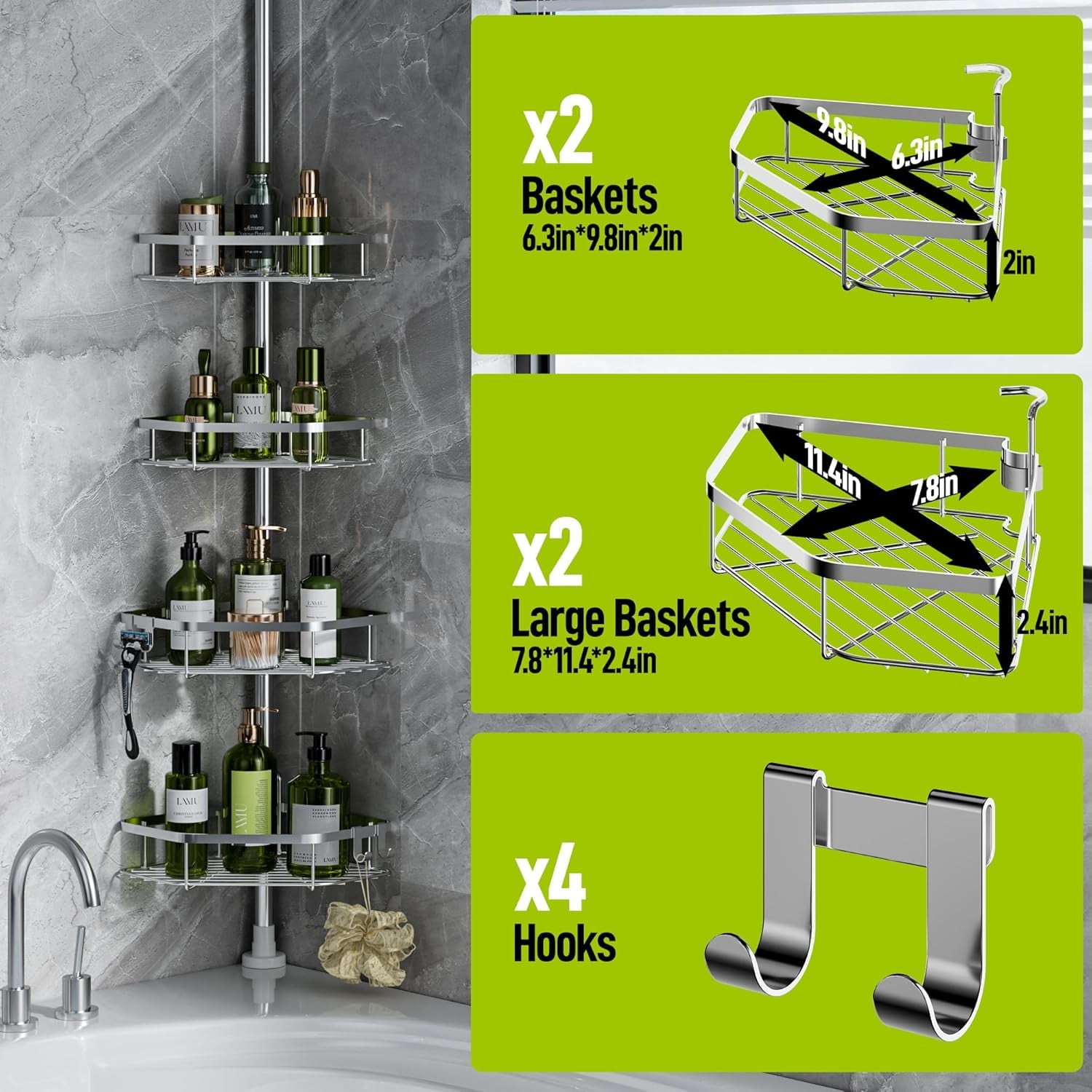 Tension Pole, 4-Shelf Corner Organizer, Sliver - Image 6