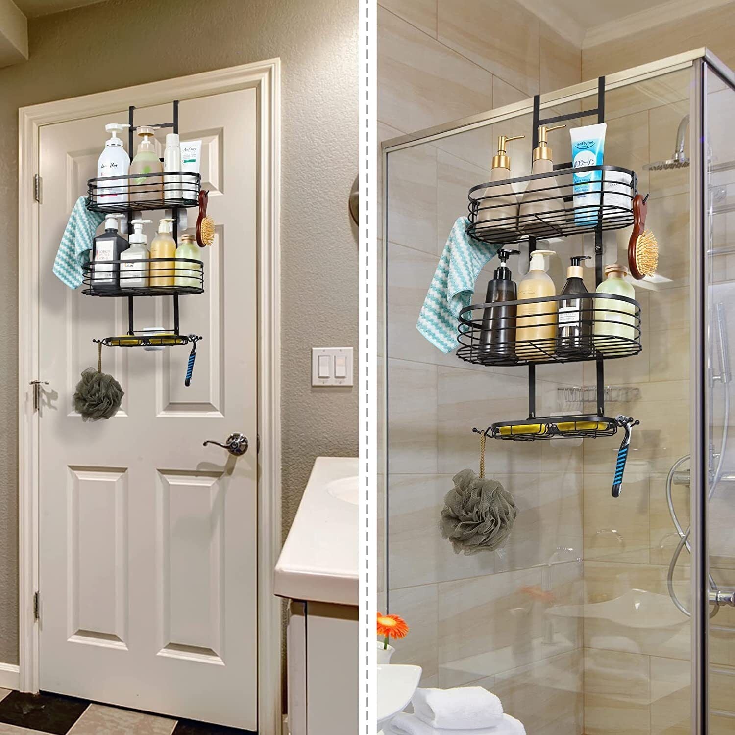 3-Shelf Metal Hanging Bathroom Shower Caddy, Black - Image 3