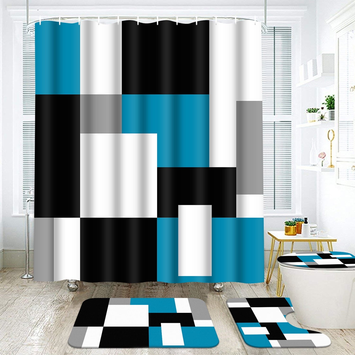 Blue Geometric Shower Curtain Sets with Rugs, 16 Pc Modern Abstract Checkered Bathroom Sets, Waterproof Fabric Bathro... - Image 2