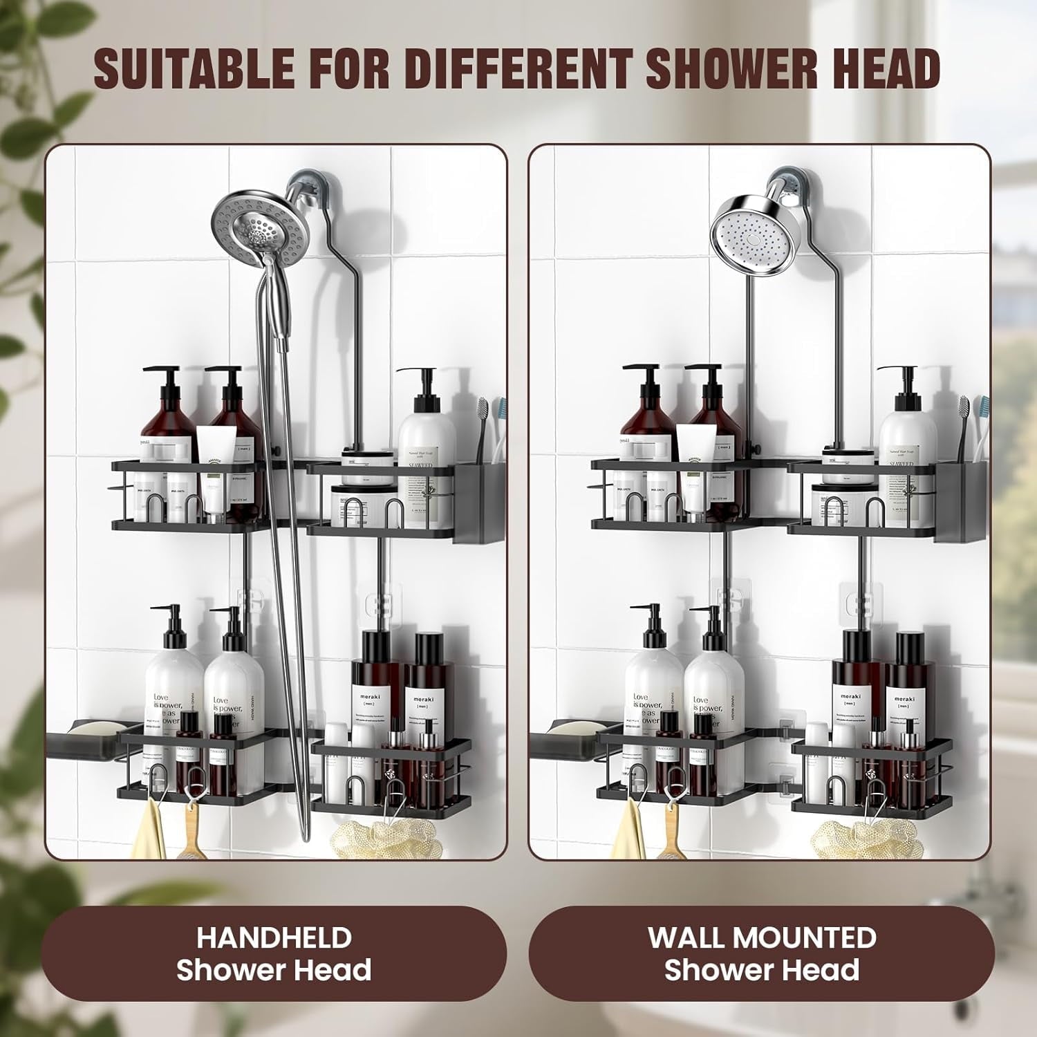 Adjustable Shower Caddy Hanging Rustproof Shower Caddy for Handheld Showerheads, Shower Organizer with Hooks Soap Hol... - Image 4