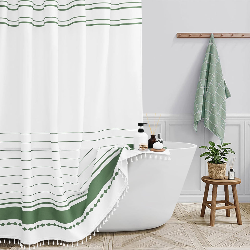 Shower Curtain Sets with Bath Rug, Boho Farmhouse Water-Repellent Fabric Bathroom Sets with Hooks, Slub Textured Desi... - Image 3