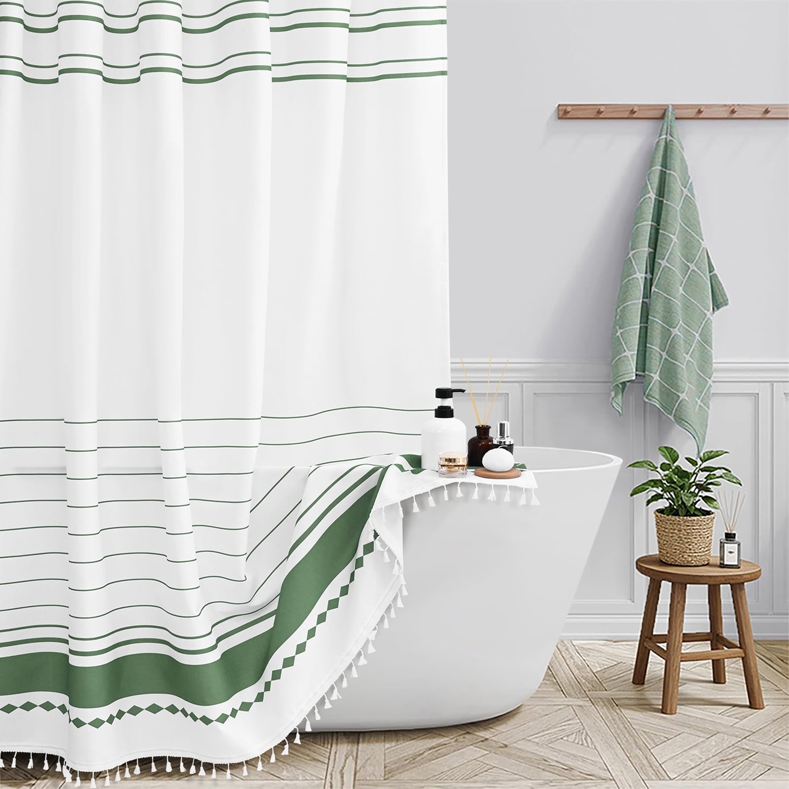 Shower Curtain Sets with Bath Rug, Boho Farmhouse Water-Repellent Fabric Bathroom Sets with Hooks, Slub Textured Desi... - Image 3