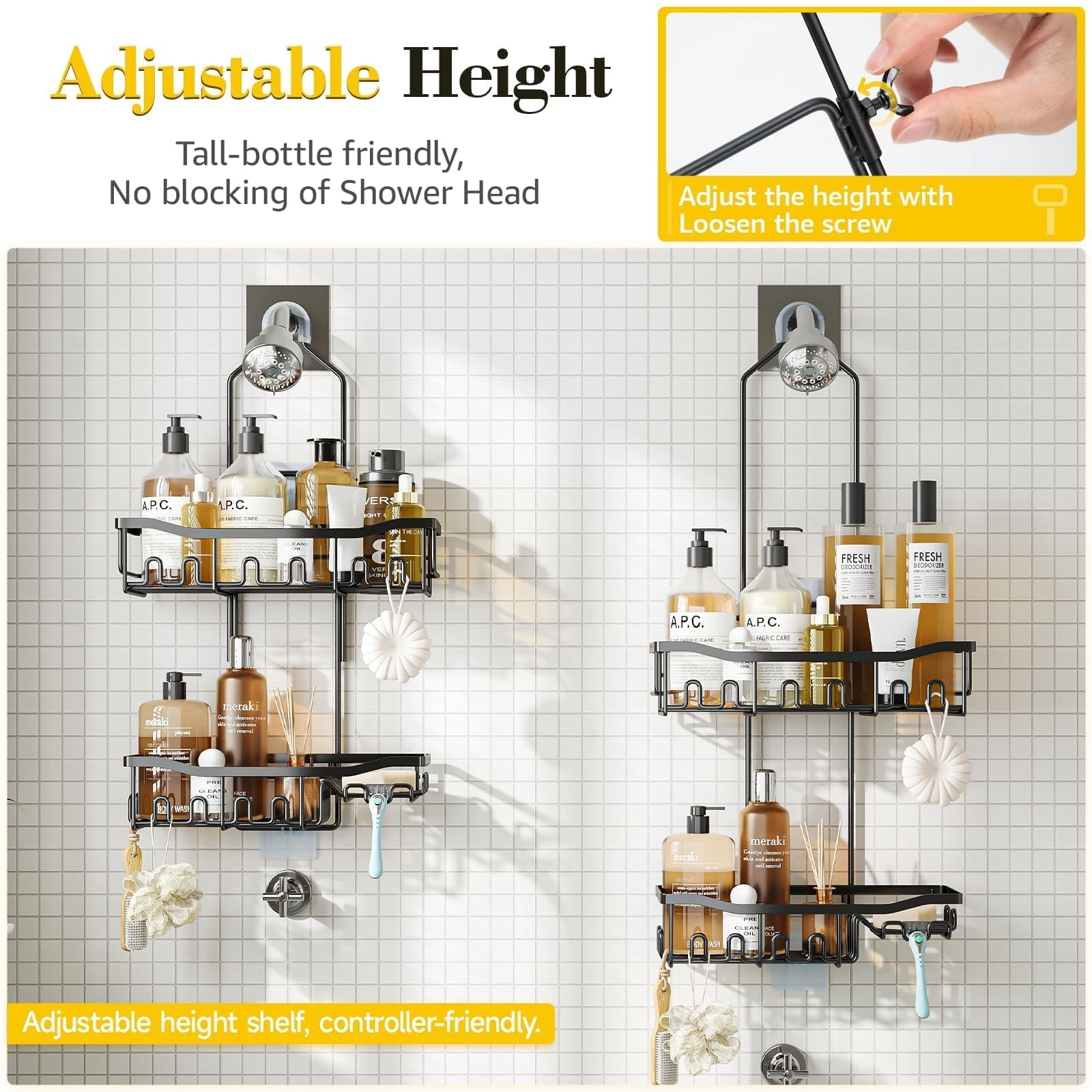 VANCORE Shower Caddy over Shower Head – Adjustable Hanging Organizer with Hooks for Shampoo, Soap, and Razor Holder - Image 3