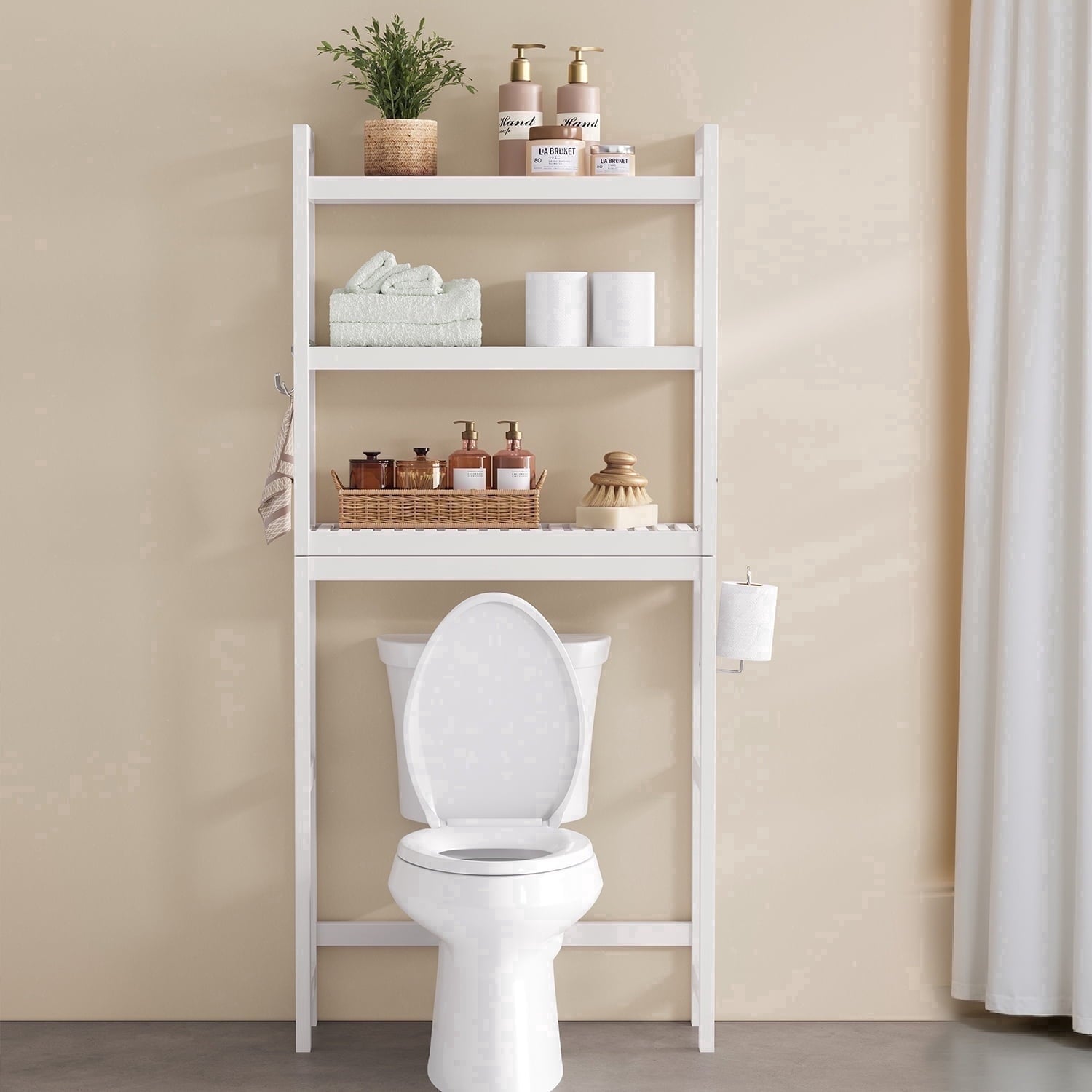 LEDREM Over The Toilet Storage Shelf, 3-Tier Bathroom Organizer Adjustable Saver Space Rack with Toilet Paper Holder,Cloud White - Image 2