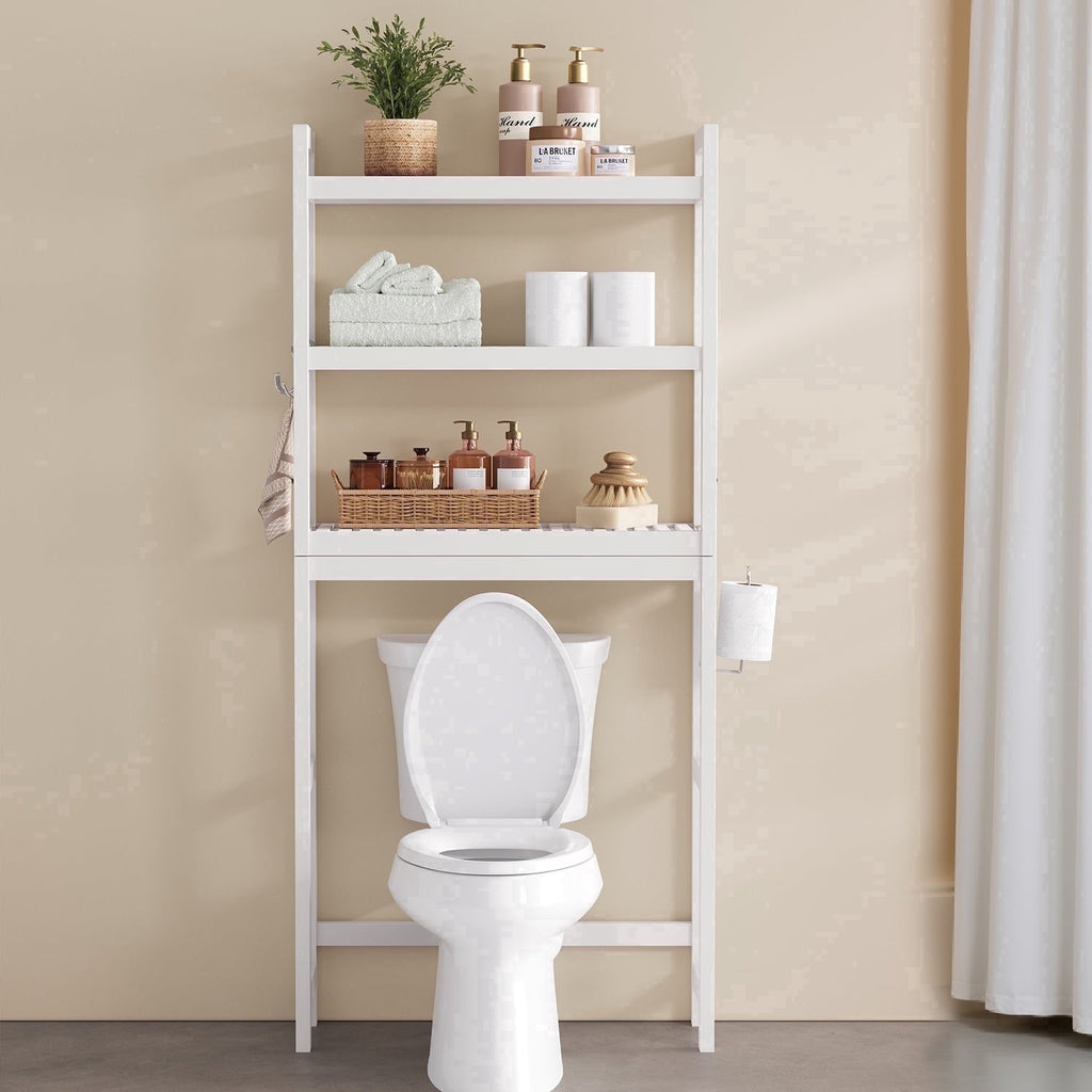 LEDREM Over The Toilet Storage Shelf, 3-Tier Bathroom Organizer Adjustable Saver Space Rack with Toilet Paper Holder,Cloud White - Image 2