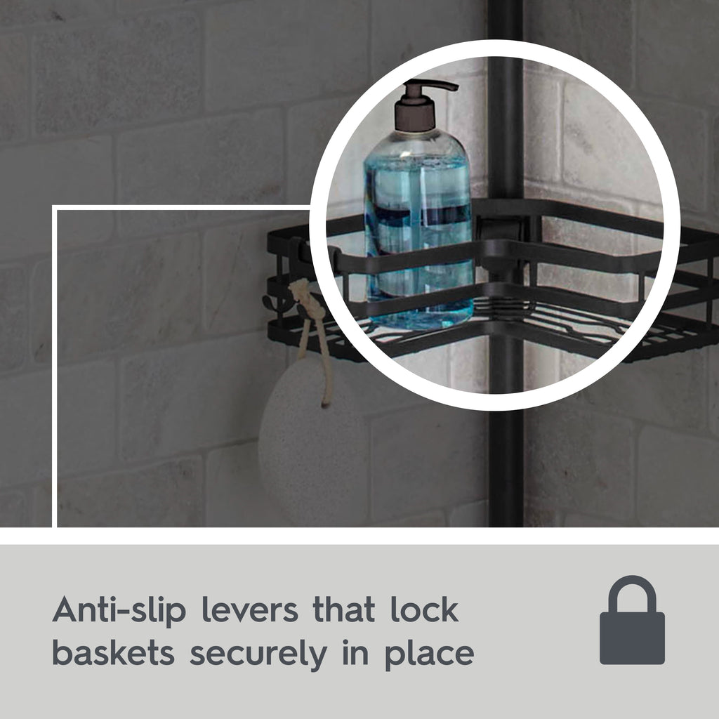 Matte Black Rust-Resistant Tension Pole Shower Caddy with 3 Adjustable Baskets - Image 6