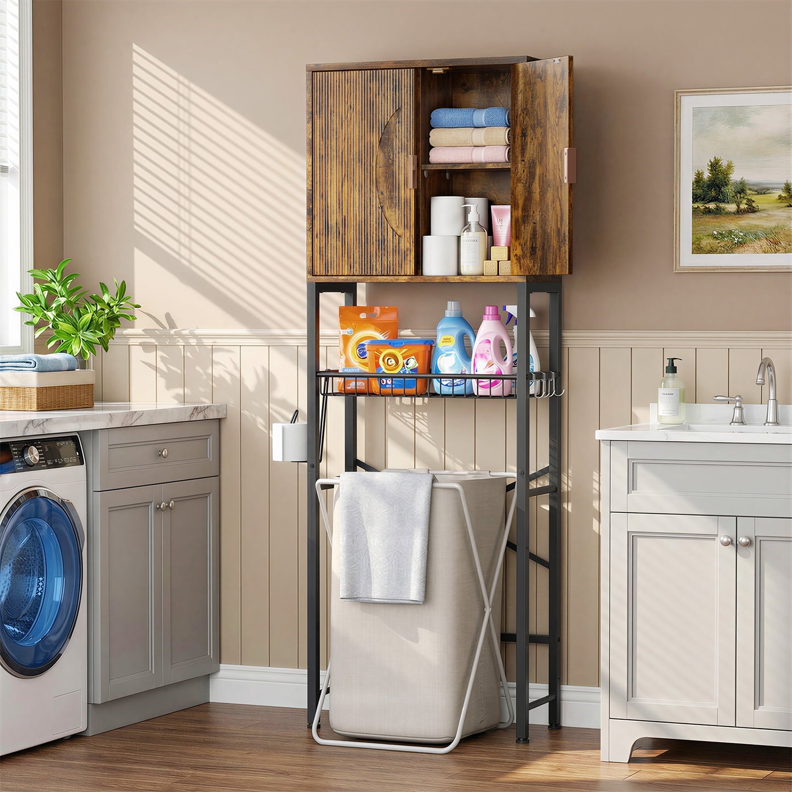the Toilet Storage Cabinet, Bathroom Storage Organizer with Adjustable Shelf, Toilet Paper Holder & Hooks, Freestandi... - Image 2