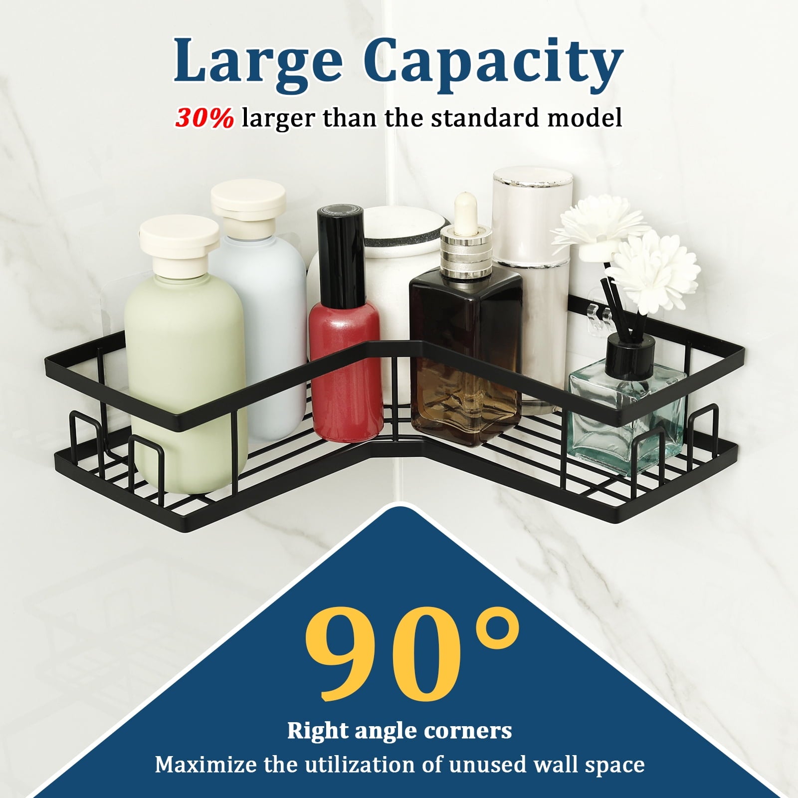 Caddy Corner 5 Pack, Large Capacity No Drilling Wall-Mounted Bathroom Organizer Basket, Black - Image 3