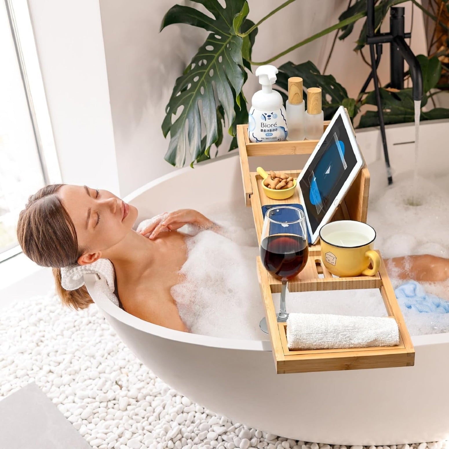 Bamboo Bathtub Tray, Expandable Bath Tray for Tub, Fits Most Bathtub, with Wine and Book Holder and Suport Ipad, Phone Suport, with Non-Slip - Image 4