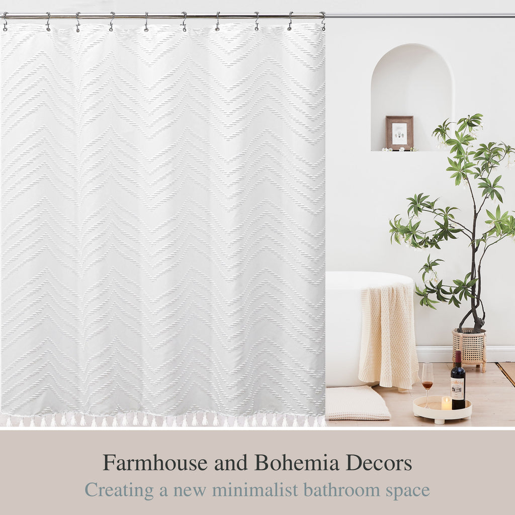 White Fabric Shower Curtains , Mildew-Resistant,Weighted-Hem Boho Bathroom Curtain,Water-Repellent, Machine-Washable,... - Image 6