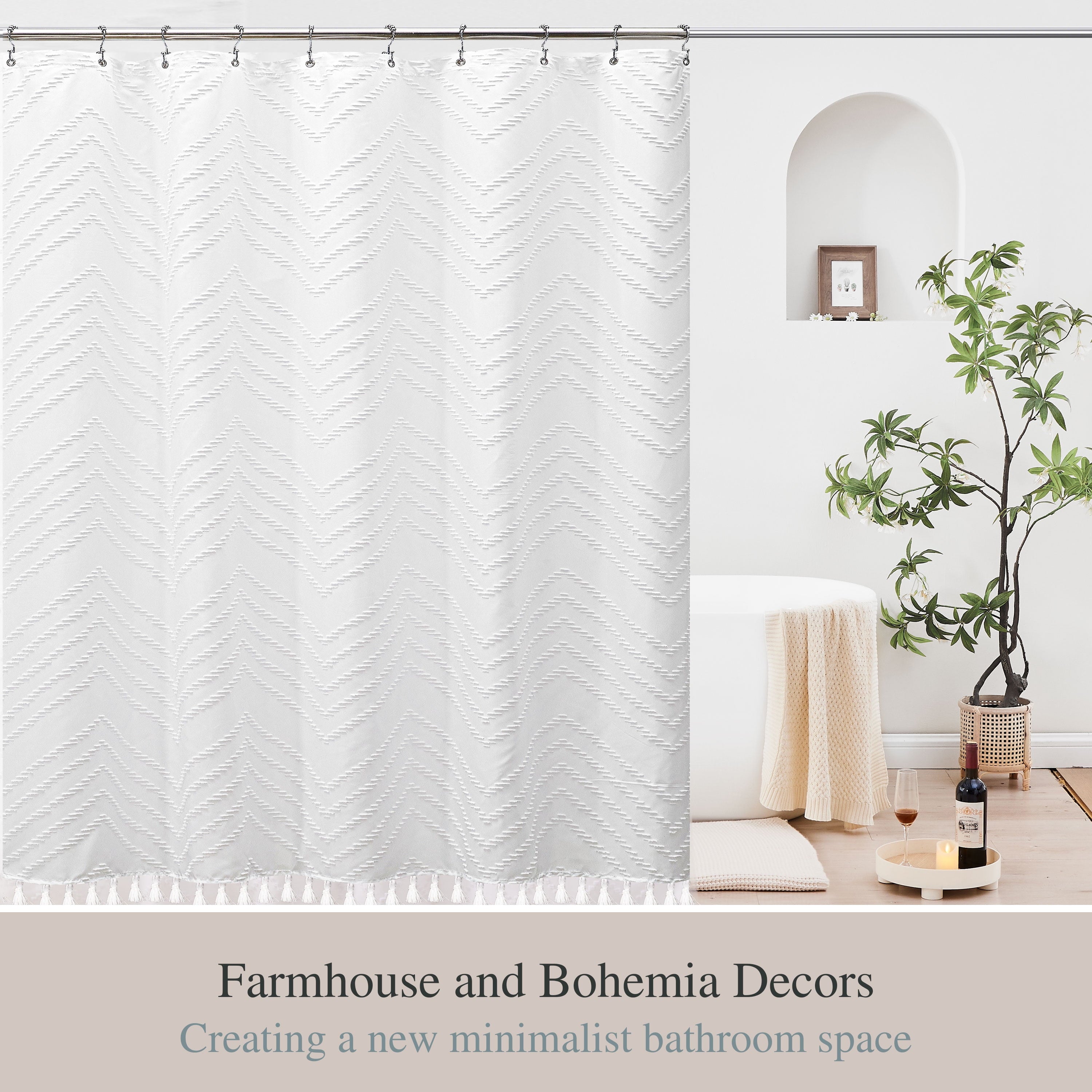 White Fabric Shower Curtains , Mildew-Resistant,Weighted-Hem Boho Bathroom Curtain,Water-Repellent, Machine-Washable,... - Image 6