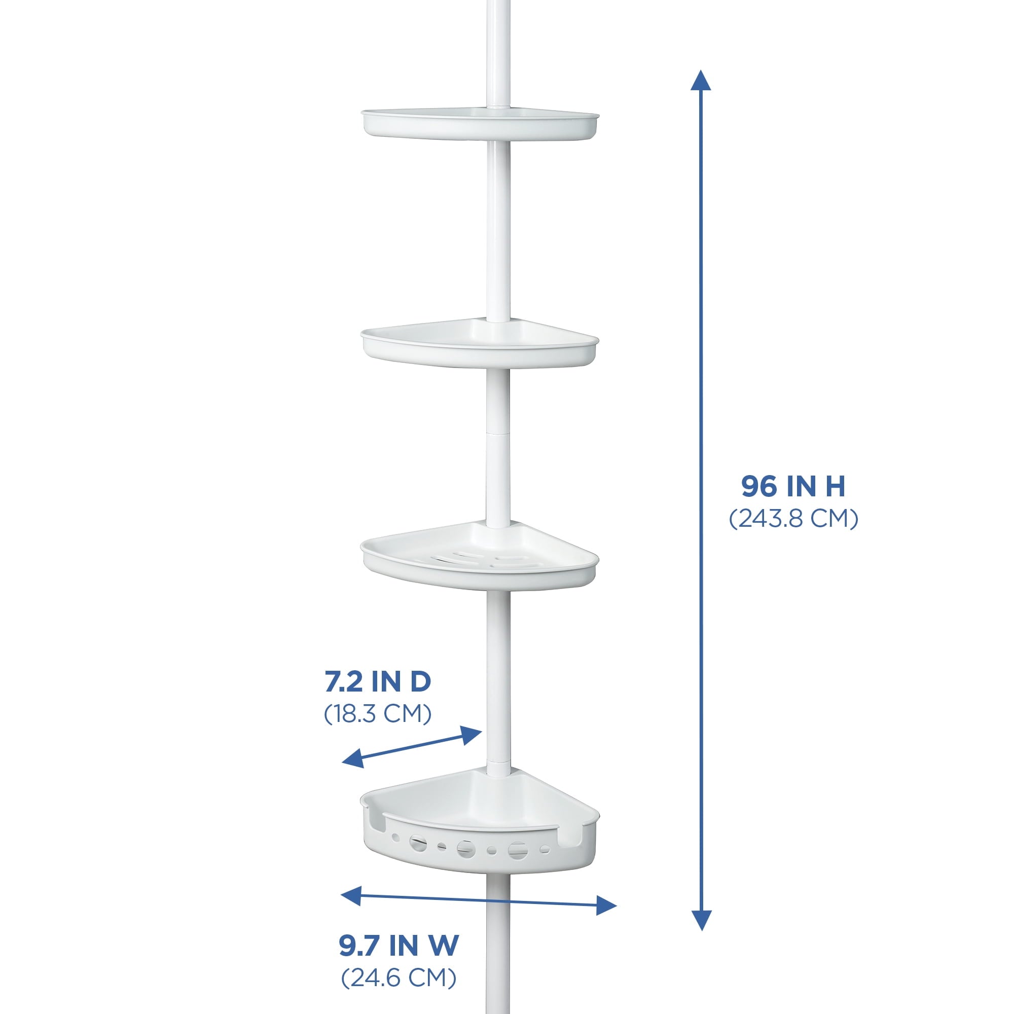 Mainstays Adjustable Tension Steel Shower Pole Caddy, 3 Shelves, White, 60" - 96" - Image 6