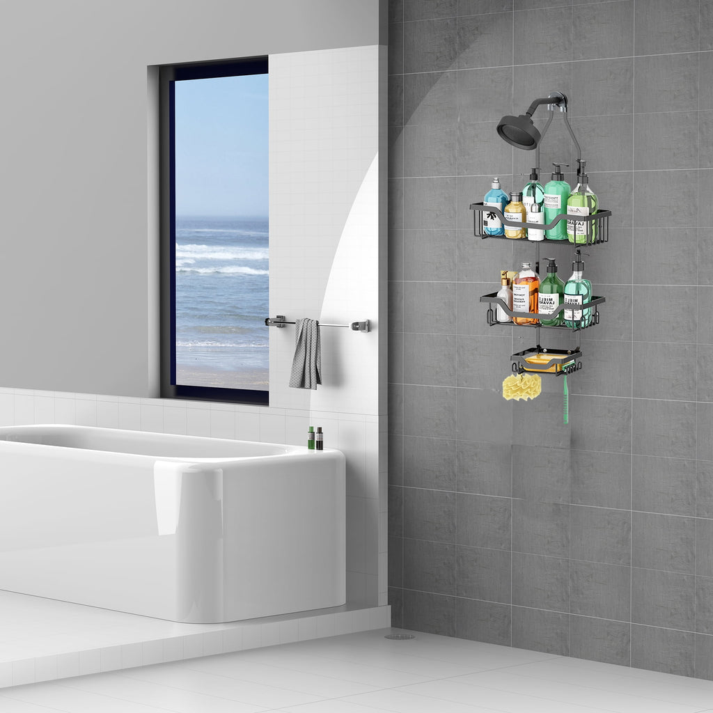 Junjian Hanging Shower Caddy, Anti-Swing Shower Organizer with 10 Hooks, Stainless Steel Shower Shelves, over the Shower Head Bathroom Stora - Image 4