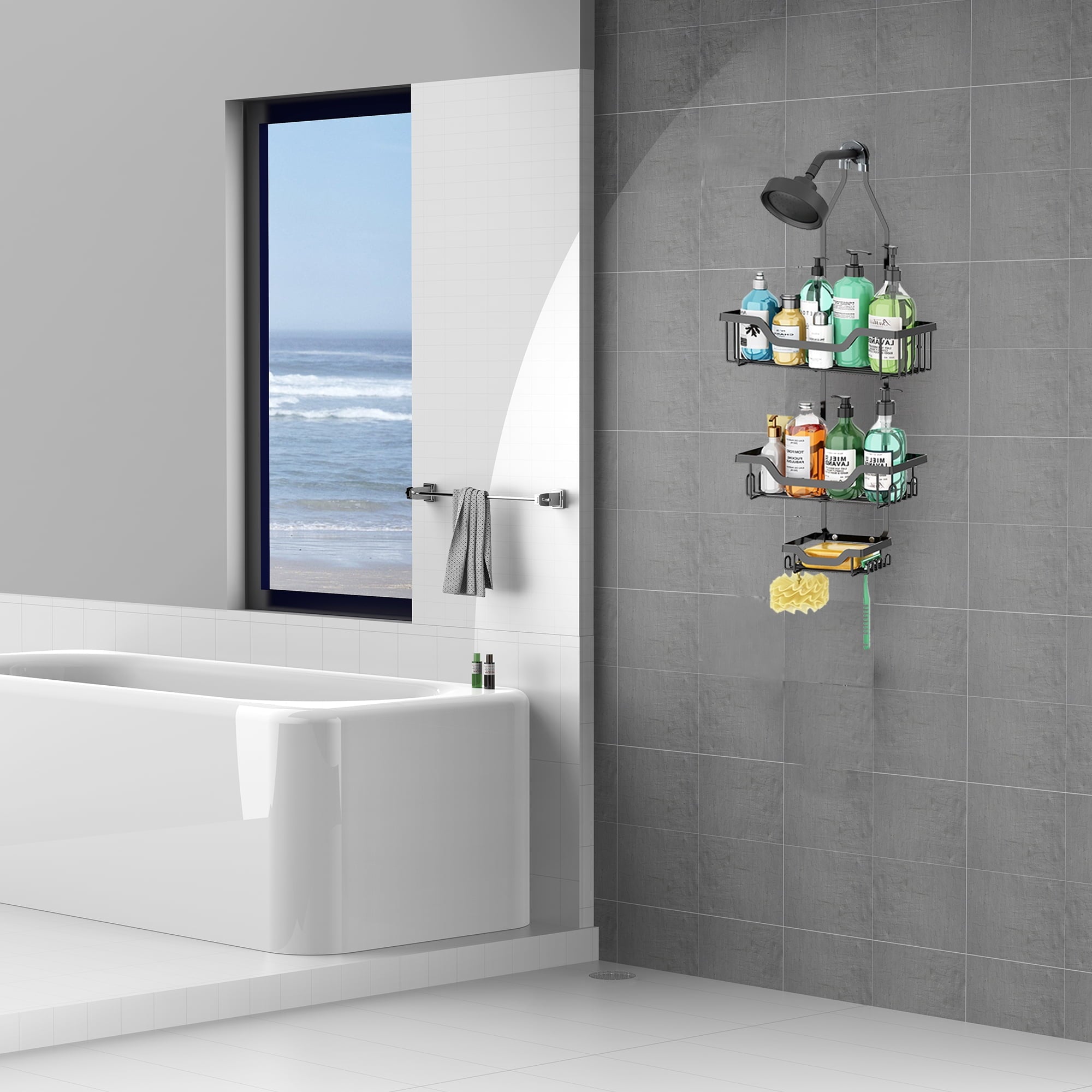 Junjian Hanging Shower Caddy, Anti-Swing Shower Organizer with 10 Hooks, Stainless Steel Shower Shelves, over the Shower Head Bathroom Stora - Image 4