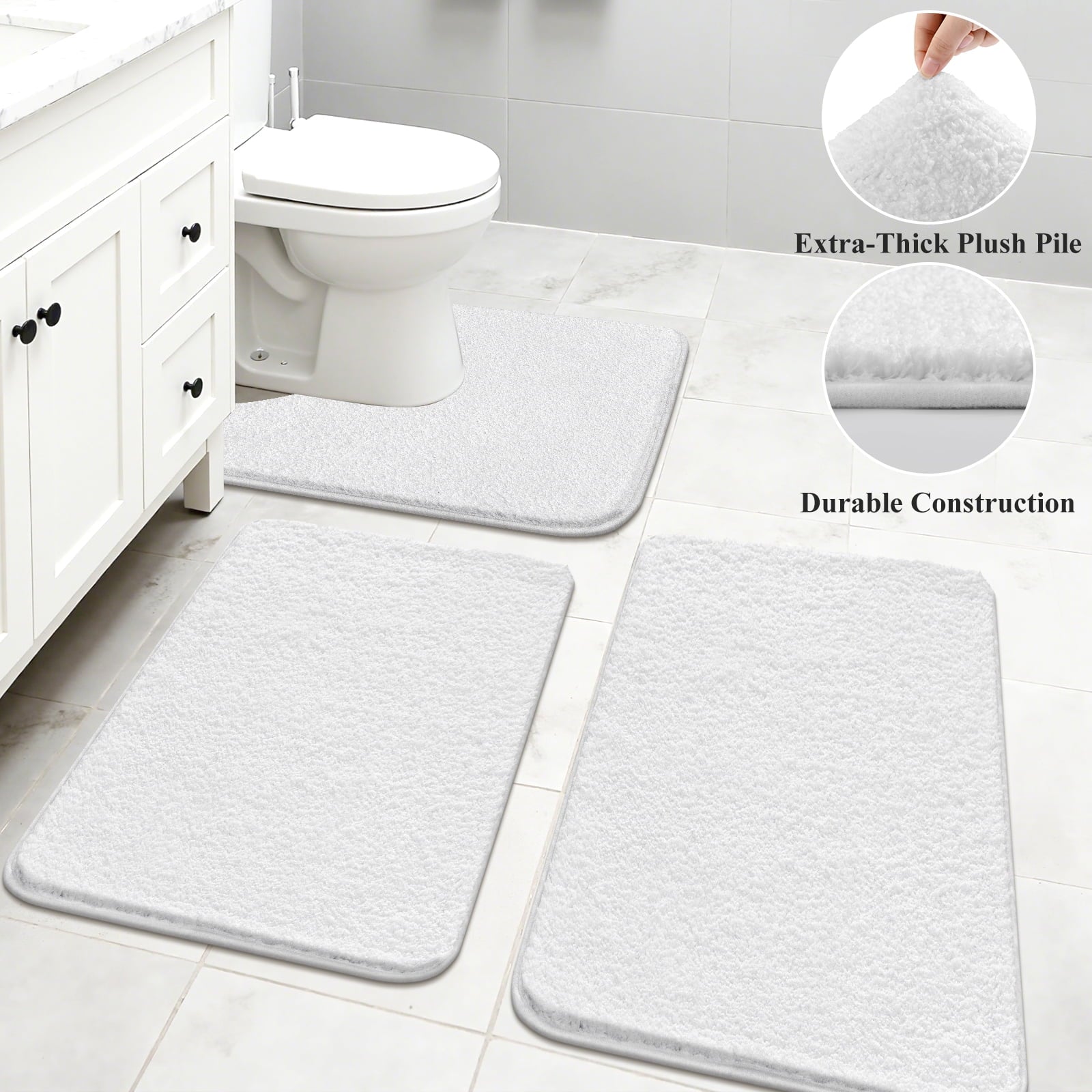‌Ileading 16-Piece Shower Curtain Set with Rugs, Waterproof Waffle Shower Curtain & Soft Non-Slip Bath Rugs with 12 Hooks, White Bathroom Se - Image 4