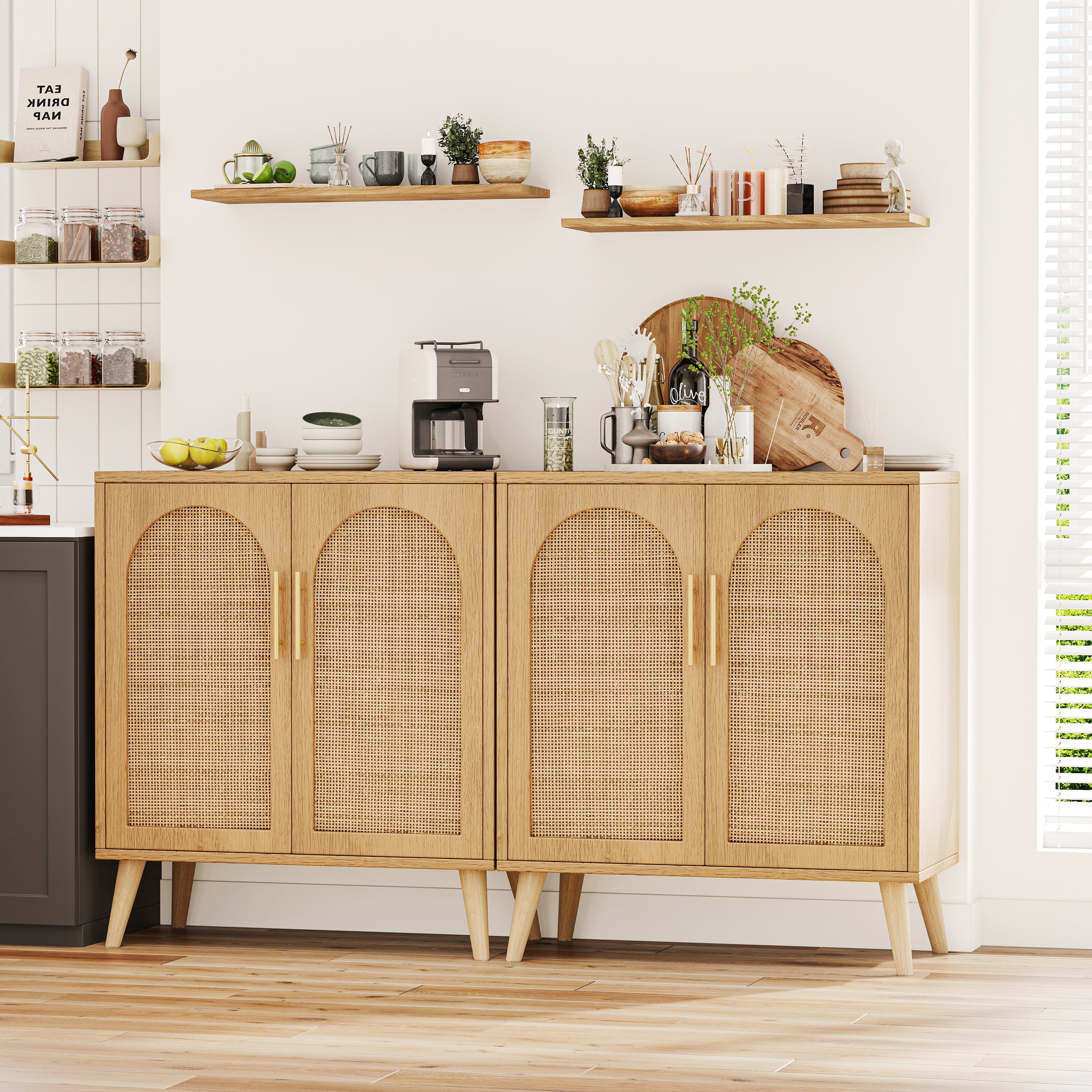 Set of 2 Rattan Storage Cabinet with Doors, Accent Bathroom Floor Cabinet, Modern Sideboard Buffet Cabinet for Living... - Image 3