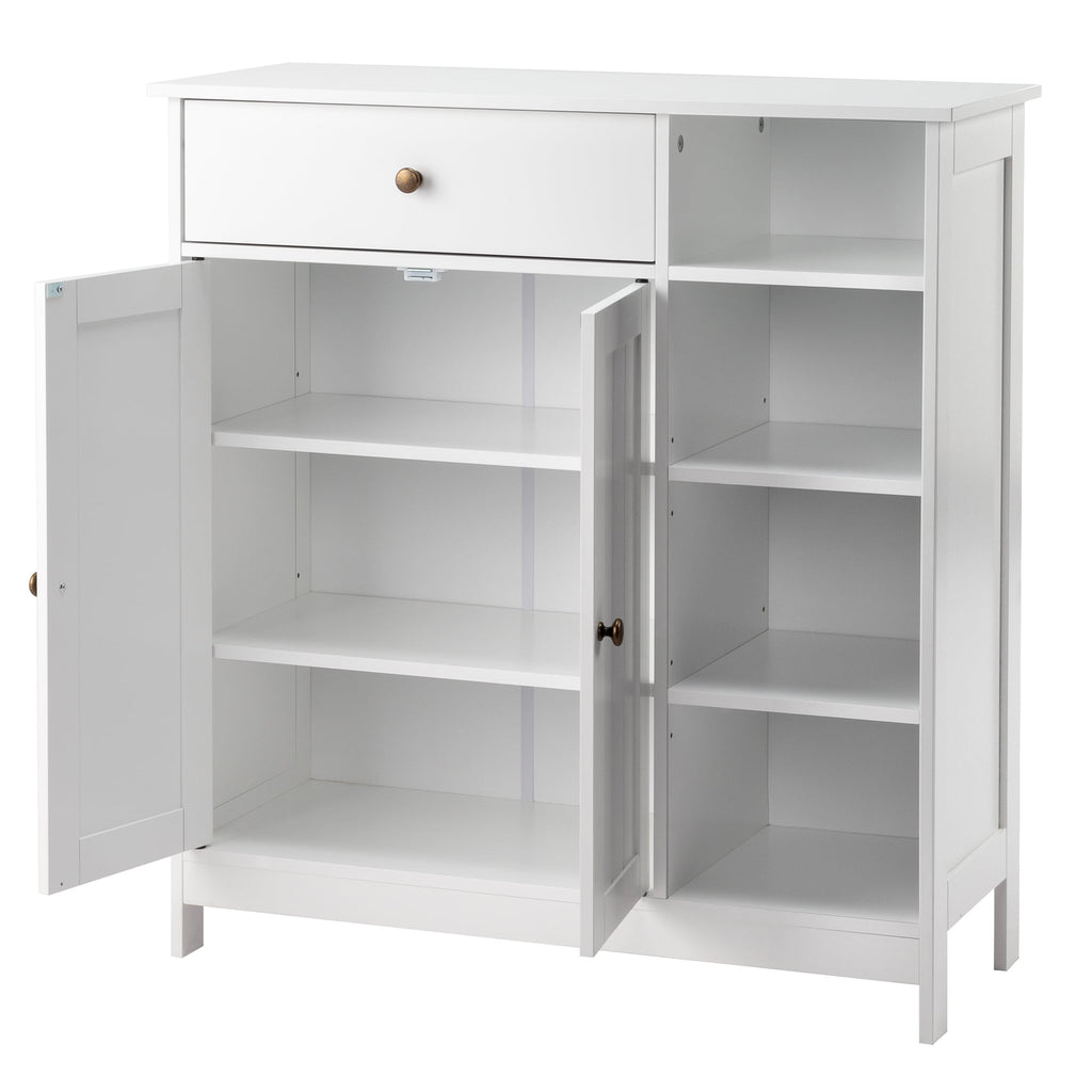 Zimtown Wooden 2-Door  Bathroom Cabinet Storage Organizer with 2 Shelves& 1 Drawer & Three-layer Side Rack, White - Image 5