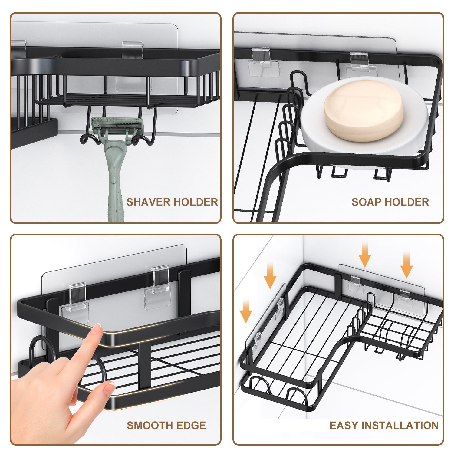 PHANCIR 5 PCS Corner Shower Caddy, No Drilling Stainless Steel Shower Storage Rack with Hooks & Toothpaste Holder for Bathroom, Black - Image 4