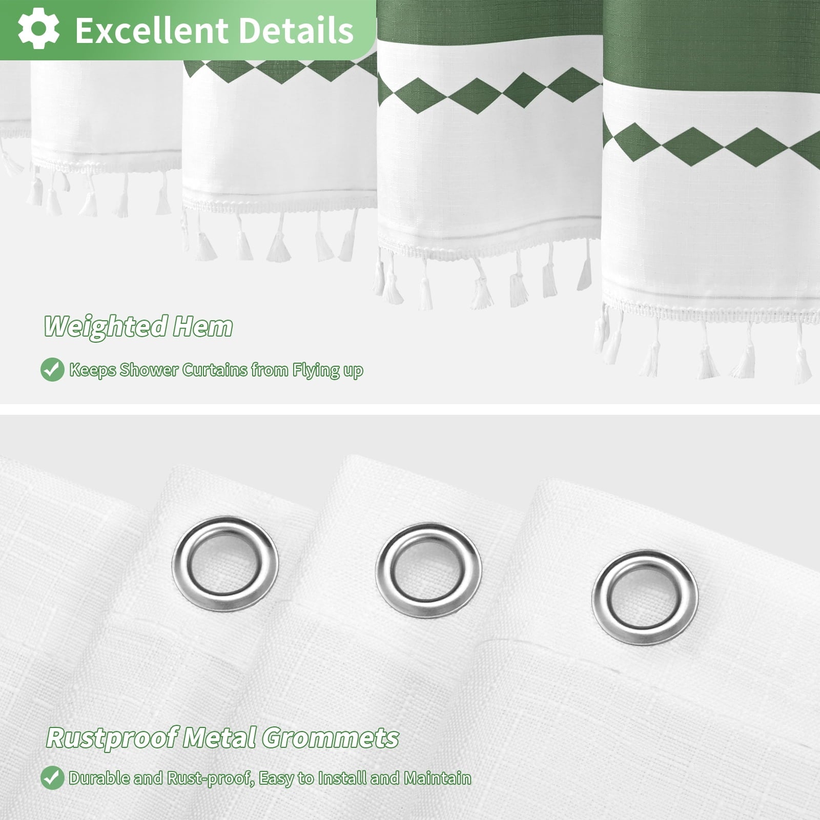 Shower Curtain Sets with Bath Rug, Boho Farmhouse Water-Repellent Fabric Bathroom Sets with Hooks, Slub Textured Desi... - Image 6