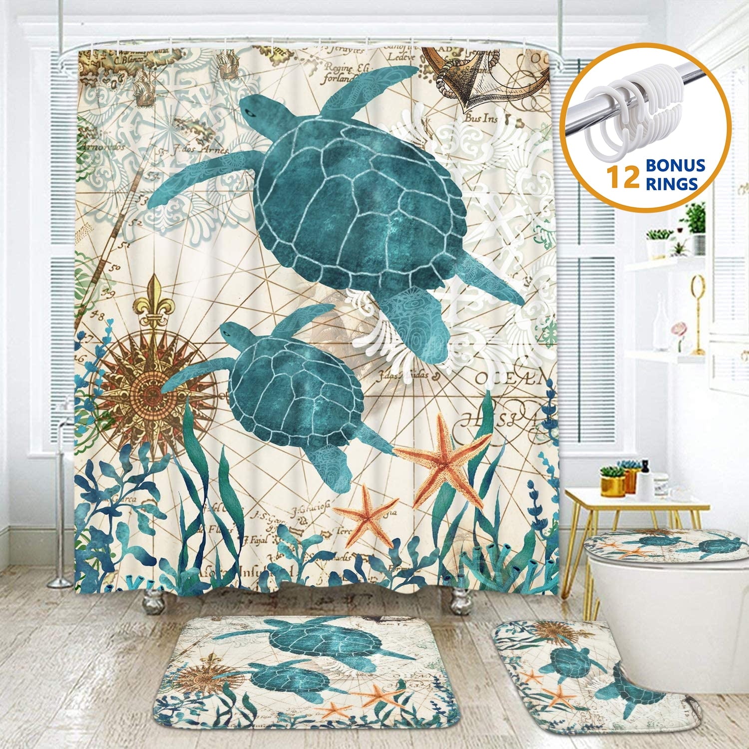 Shower Curtain and Rug Sets, 16 Pc Blue Ocean Creature Landscape Bathroom Sets, Waterproof Fabric Shower Curtain with... - Image 2