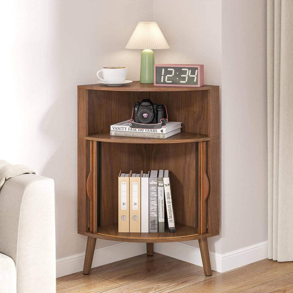 Bathroom Storage Cabinet, 31.5" Narrow Floor Corner Storage Cabinet with Fluted Doors & Shelves, Walnut - Image 4