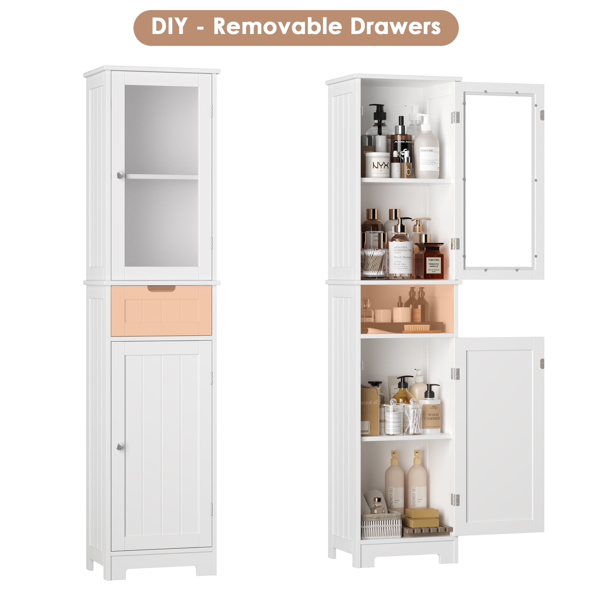 Bathroom Storage Tower, Narrow Linen Cabinet with Door and Drawers, Tall Bathroom Storage Cabinet for Small Spaces, W... - Image 2