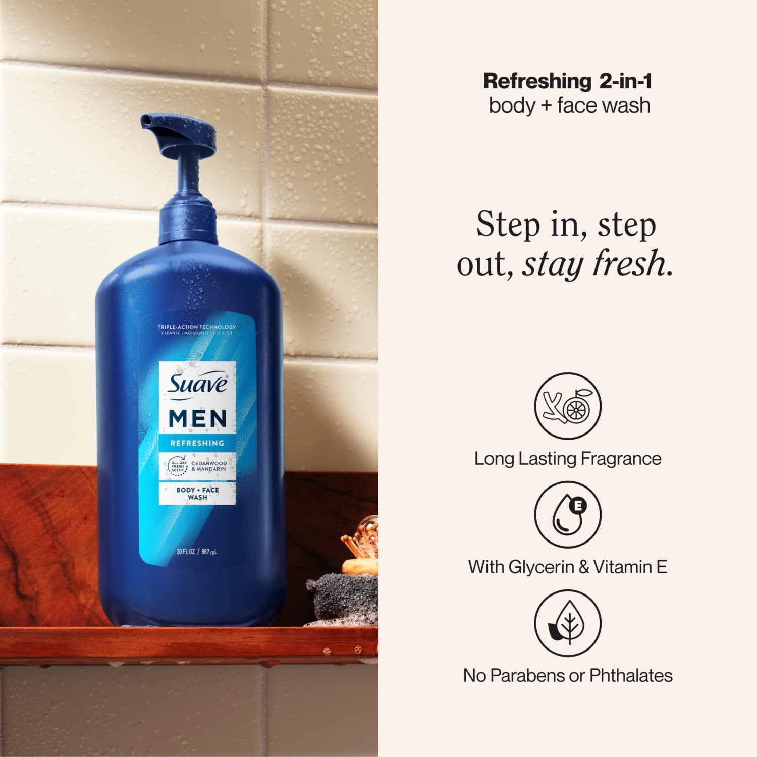 Suave Men Refreshing 2-in-1 Body & Face Wash with Glycerin & Vitamin E, 30 FL OZ - Image 2