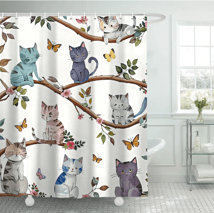 Kids Cute Cat Shower Curtain, Cartoon Pet Kitten Cute Watercolor Pattern Bathroom Shower Curtain Decor, Cute Animal F... - Image 4
